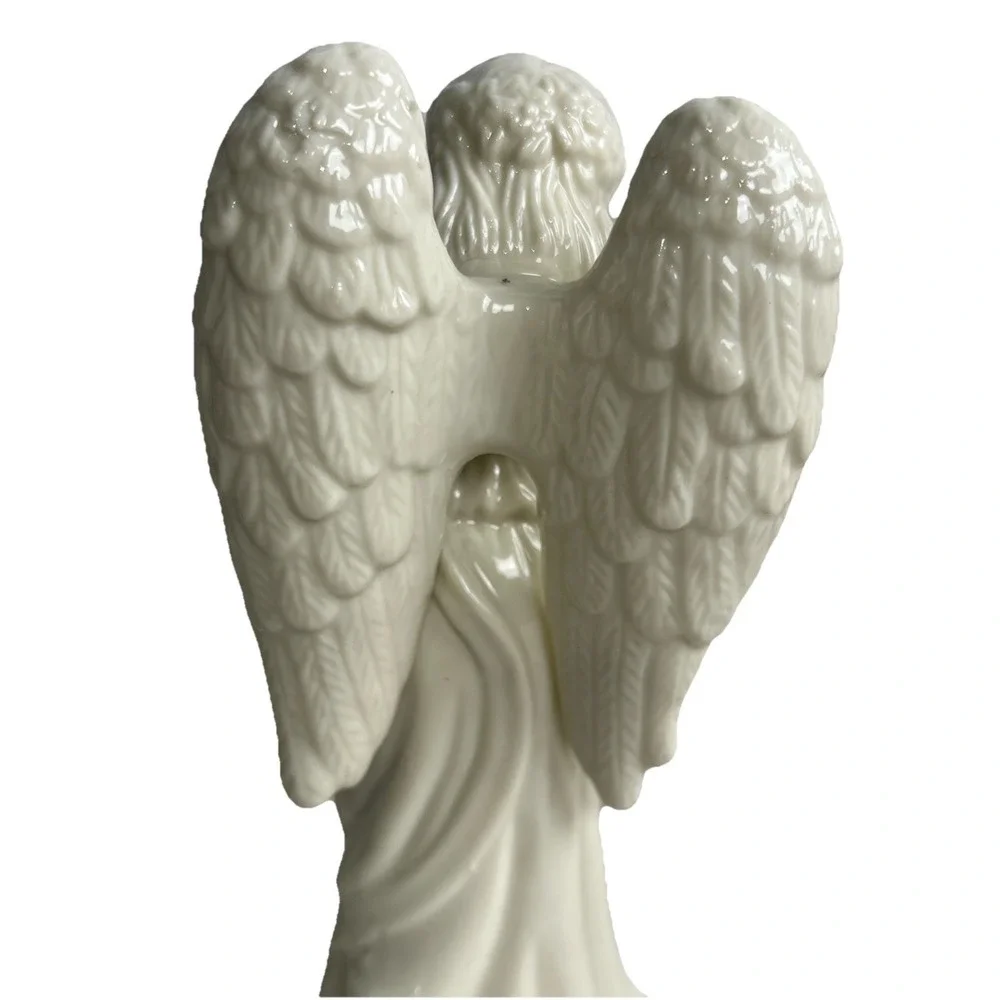 Vintage Angel Horn‎ Cherub White Gold Trim Porcelain Christmas Figurine 8.5
